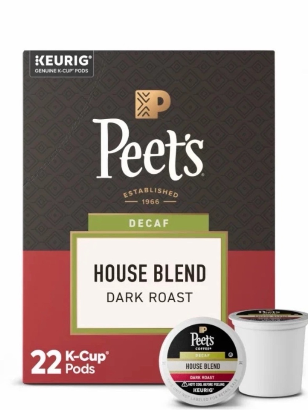 Peet's Coffee Decaf House Blend Premium Dark Roast Keurig K-Cup Coffee Pods, 22